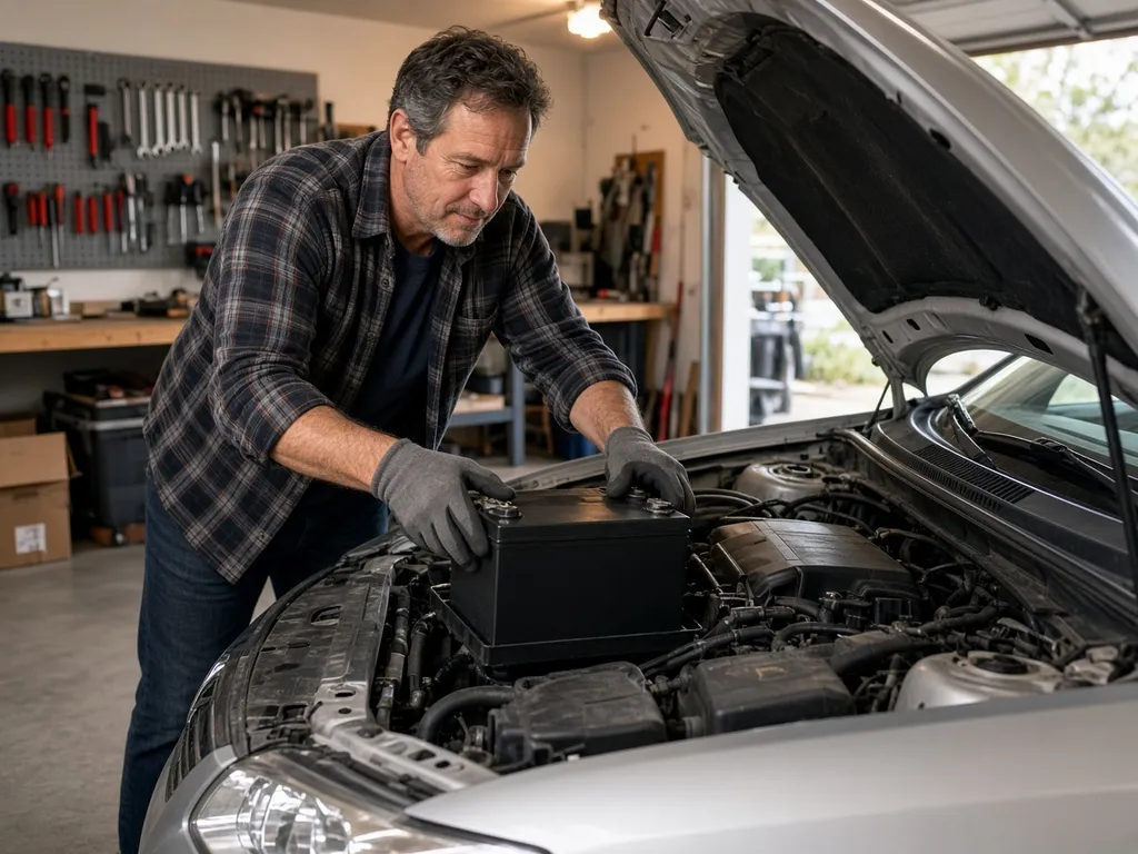 A man in a flannel shirt and work gloves lifts a car battery out of the engine bay of a silver car in a tidy home garage (AI-generated image)