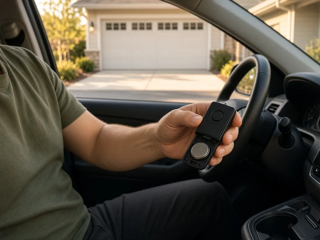 A driver parked in front of a garage holds a small clip-on garage door remote with its back open, showing a coin cell battery (AI-generated image)